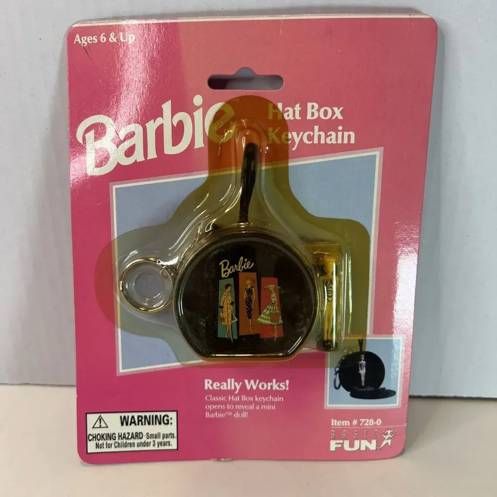 Vintage Collectors Barbie Hat Box Keychain Sealed with Mini Barbie Plastic Wear